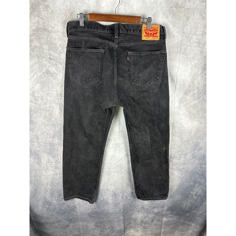 Levis 505 Regular Fit Faded Black Denim Jeans Mens 36x30‎ Straight Leg Zip Fly